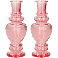 Ideas 4 Seasons Bloemenvaas Venice - 2x - voor kleine stelen/boeketten - gekleurd sierglas - ribbel roze - D5.7 x H15 cm