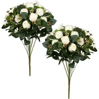 Louis Maes Kunstbloemen boeket rozen/bloesem met bladgroen - 2x - wit - H49 cm - Bloemstuk
