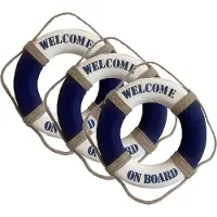 Gerkimex Reddingsboei - 3x - Welcome on board - 25 cm - blauw/wit - kunststof - maritiem thema decoratie
