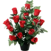 Louis Maes Kunstbloemen in pot - rood - H35 cm - Bloemstuk ornament - rozen/gipskruid met bladgroen