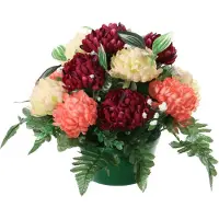 Louis Maes Kunstbloemen in pot - zalm/rood/creme - D30 x H24 cm - Bloemstuk ornament - crysanten met bladgroen