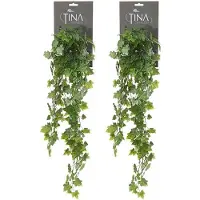 Louis Maes kunstplant met blaadjes hangplant Klimop/hedera - 2x - groen/wit - 70 cm - Klimplanten
