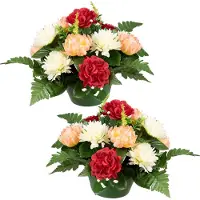 Louis Maes Kunstbloemen boeket crysanten in pot - 2x - kleurenmix - D30 x H24 cm - Bloemstuk - Bladgroen