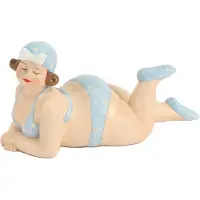Gerkimex Home decoratie beeldje dikke dame - liggend - blauw badpak - 14 cm