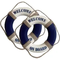 Gerkimex Reddingsboei - 2x - Welcome on board - 35 cm - blauw/wit - kunststof - maritiem thema decoratie