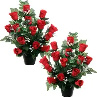 Louis Maes Kunstbloemen in pot - 2x - rood - H35 cm - Bloemstuk ornament - rozen/gipskruid met bladgroen
