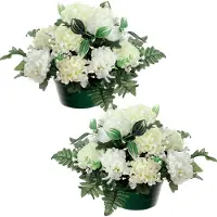 Louis Maes Kunstbloemen in pot - 2x - creme/wit - D30 x H24 cm - Bloemstuk ornament - crysanten met bladgroen