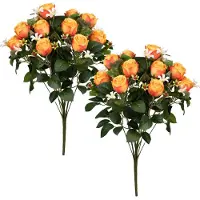 Louis Maes Kunstbloemen boeket rozen/bloesem met bladgroen - 2x - oranje - H49 cm - Bloemstuk