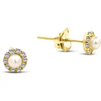 New Bling 9NBSAM-G230285 Gouden Oorknopjes met Parel en Zirkonia - Parel 2,5mm - 4,1mm Doorsnee - 14 Karaat - Goud
