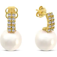 New Bling 9NBSAM-G230279 Gouden Oorknopjes met Parel en Zirkonia - Parel 7mm - 12,5mm Totaal Lengte - 14 Karaat - Goud