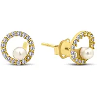 New Bling 9NBSAM-G230220 Gouden Oorknopjes met Parel en Zirkonia - Cirkel 7mm - Parel 3,3mm - 14 Karaat - Goud