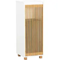 SoBuy Staande Badkamerkast - Smal Badkamerkastje - 1 Kantelbare wasmand - 1 Bamboe deur - 32 x 33 x 85 cm - Wit
