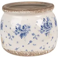 Clayre & Eef Bloempot Ø 12x10 cm Beige Blauw Keramiek Roosjes Bloempot Binnen Beige Bloempot Binnen
