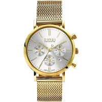 Zinzi horloge CHRONOGRAPH 34mm zilverkleurige wijzerplaat met datum en chronometers, geelgoudkleurige stalen kast, geelgoudkleurige stalen mesh band 18mm ZIW1533