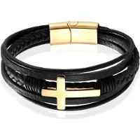 Mendes Jewelry Roestvrijstalen en Echt Lederen Heren Armband met Groot Kruis in Zwart en Goud-21cm