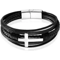 Mendes Jewelry Roestvrijstalen en Echt Lederen Heren Armband met Groot Kruis in Zwart en Zilver-19cm