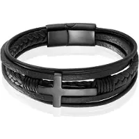 Mendes Jewelry Roestvrijstalen en Echt Lederen Heren Armband met Groot Kruis in Zwart -19cm