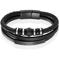 Mendes Jewelry Heren Armband - Zwart Leder met Zilveren Bedels en Zwarte Sluiting-19cm