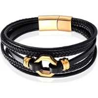 Mendes Jewelry Heren Armband van Roestvrijstaal en Echt Leder - Stijlvol Zwart met Gouden Achtkant-19cm