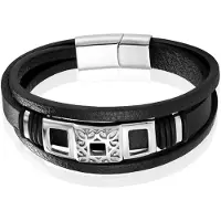 Mendes Jewelry Luxe Heren Armband in Zwart Leer met Zilveren Elementen-21cm
