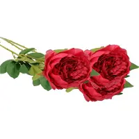 Mica Decorations Kunstbloem pioenroos - 3x - donker roze - 76 cm - polyester - decoratie bloemen rozen
