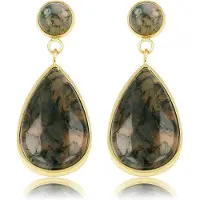 My Bendel - Goudkleurige Oorbel met Moss Agate Druppel Hanger - met Luxe Cadeauverpakking | Sieraden Voor Dames