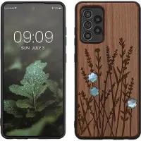 Kwmobile telefoonhoesje geschikt voorSamsung Galaxy A52 / A52 5G / A52s 5G - Hoesje met bumper - hout - In donkerbruin Parelmoer lavendel design