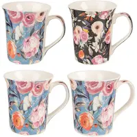 Clayre & Eef Mok Set van 4 300 ml Blauw Roze Porselein Bloemen Blauw
