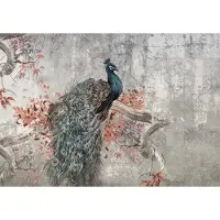 Fotobehang - Pauw - Vogel - Takken - Bladeren - Abstracte Achtergrond - Vliesbehang - 254 x 184 cm