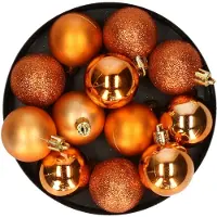 Krist+ kleine kerstballen - 12x - oranje - kunststof - 4 cm - mat/glans/glitter