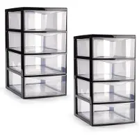 PlasticForte ladeblokje/bureau organizer - 2x - 4 lades - transparant/zwart - L18 x B25 x H33 cm