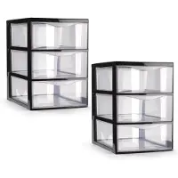 PlasticForte ladeblokje/bureau organizer - 2x - 3 lades - transparant/zwart - L18 x B25 x H25 cm