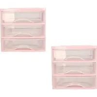 PlasticForte ladeblokje - bureau organizer - 2x - met 3 lades - transparant/roze - L18 x B21 x H17 cm - kunststof
