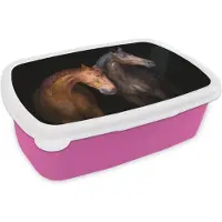 MuchoWow Broodtrommel Roze - Lunchbox Paarden - Dieren - Portret - Bruin - Brooddoos 18x12x6 cm - Brood lunch box - Broodtrommels voor kinderen en volwassenen