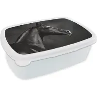 MuchoWow Broodtrommel Wit - Lunchbox Paard - Dieren - Zwart - Wit - Portret - Brooddoos 18x12x6 cm - Brood lunch box - Broodtrommels voor kinderen en volwassenen