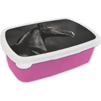 MuchoWow Broodtrommel Roze - Lunchbox Paard - Dieren - Zwart - Wit - Portret - Brooddoos 18x12x6 cm - Brood lunch box - Broodtrommels voor kinderen en volwassenen