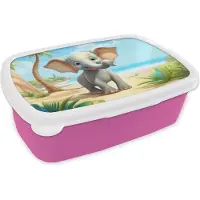 MuchoWow Broodtrommel Roze - Lunchbox Olifant - Strand - Dieren - Meisjes - Kind - Brooddoos 18x12x6 cm - Brood lunch box - Broodtrommels voor kinderen en volwassenen