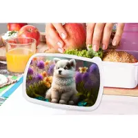 MuchoWow Broodtrommel Wit - Lunchbox Puppy - Bloemen - Planten - Natuur - Husky - Brooddoos 18x12x6 cm - Brood lunch box - Broodtrommels voor kinderen en volwassenen