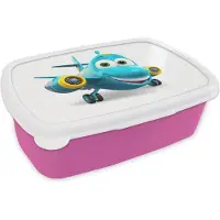 MuchoWow Broodtrommel Roze - Lunchbox Vliegtuig - Blauw - Kinderen - Jongens - Brooddoos 18x12x6 cm - Brood lunch box - Broodtrommels voor kinderen en volwassenen