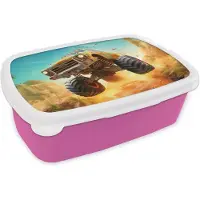 MuchoWow Broodtrommel Roze - Lunchbox Monstertruck - Kind - Jongen - Auto - Brooddoos 18x12x6 cm - Brood lunch box - Broodtrommels voor kinderen en volwassenen