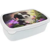 MuchoWow Broodtrommel Wit - Lunchbox Puppy - Zon - Bloemen - Natuur - Bordercollie - Hond - Brooddoos 18x12x6 cm - Brood lunch box - Broodtrommels voor kinderen en volwassenen