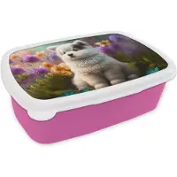 MuchoWow Broodtrommel Roze - Lunchbox Puppy - Bloemen - Planten - Natuur - Husky - Brooddoos 18x12x6 cm - Brood lunch box - Broodtrommels voor kinderen en volwassenen