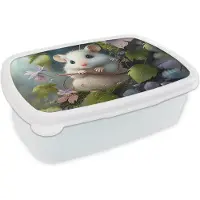 MuchoWow Broodtrommel Wit - Lunchbox Muis - Bos - Bloemen - Illustratie - Bosdieren - Brooddoos 18x12x6 cm - Brood lunch box - Broodtrommels voor kinderen en volwassenen