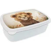 MuchoWow Broodtrommel Wit - Lunchbox Leeuw - Dieren - Kinderen - Bruin - Meisje - Brooddoos 18x12x6 cm - Brood lunch box - Broodtrommels voor kinderen en volwassenen