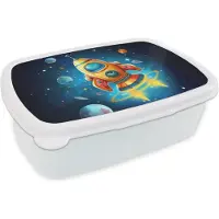 MuchoWow Broodtrommel Wit - Lunchbox Raket - Ruimte - Planeten - Kinderen - Jongen - Brooddoos 18x12x6 cm - Brood lunch box - Broodtrommels voor kinderen en volwassenen