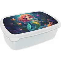 MuchoWow Broodtrommel Wit - Lunchbox Zeemeermin - Bloemen - Onderwater - Meisjes - Kind - Brooddoos 18x12x6 cm - Brood lunch box - Broodtrommels voor kinderen en volwassenen