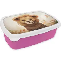 MuchoWow Broodtrommel Roze - Lunchbox Leeuw - Dieren - Kinderen - Bruin - Meisje - Brooddoos 18x12x6 cm - Brood lunch box - Broodtrommels voor kinderen en volwassenen