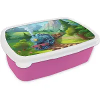MuchoWow Broodtrommel Roze - Lunchbox Trein - Bloemen - Kinderen - Natuur - Brooddoos 18x12x6 cm - Brood lunch box - Broodtrommels voor kinderen en volwassenen