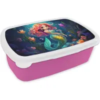 MuchoWow Broodtrommel Roze - Lunchbox Zeemeermin - Bloemen - Onderwater - Meisjes - Kind - Brooddoos 18x12x6 cm - Brood lunch box - Broodtrommels voor kinderen en volwassenen
