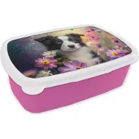 MuchoWow Broodtrommel Roze - Lunchbox Hond - Bloemen - Natuur - Puppy - Bordercollie - Brooddoos 18x12x6 cm - Brood lunch box - Broodtrommels voor kinderen en volwassenen